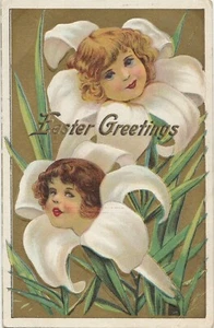 Postcard Easter Greetings Kids Children Lily Gilded Embossed Posted Montville  - Picture 1 of 2