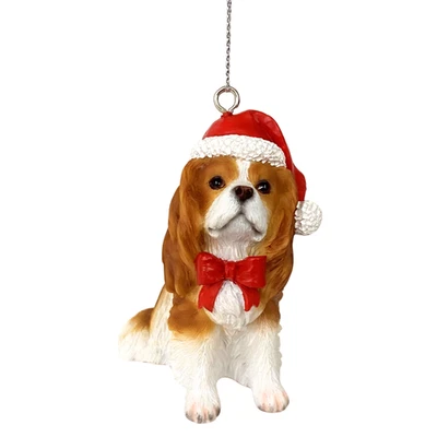 YULETIDE DESIGNS Cavalier King Charles Spaniel Dog Christmas Ornament Brown White Santa Hat