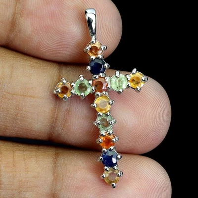 Colgante de plata de ley 925 zafiro redondo cruz de 3 mm piedras preciosas naturales joyería Foto 1 de 4