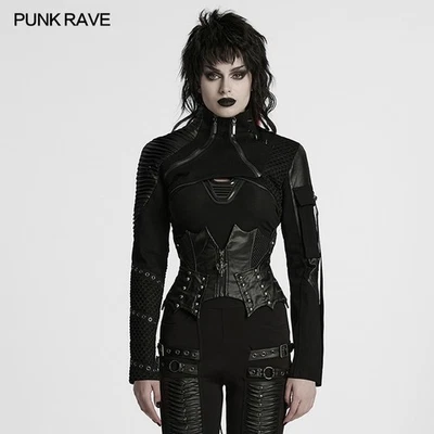 Punk Rave Women Black Gothic Punk Cropped Short Motorcycle Jacket Slim Fit Coat - Image 1 of 4