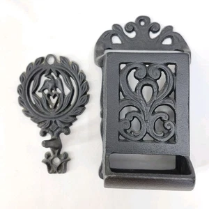 Vtg Cast Iron Hanging Wall Mounted Match Stick Box Safe Holder & Hook Lot Of 2 - Picture 1 of 7