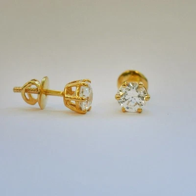 Damen Diamant Ohrringe Rund 0,50 Ct Lab Grown 18K Gelbgold 6 Krappen Ohrstecker - Bild 1 von 4