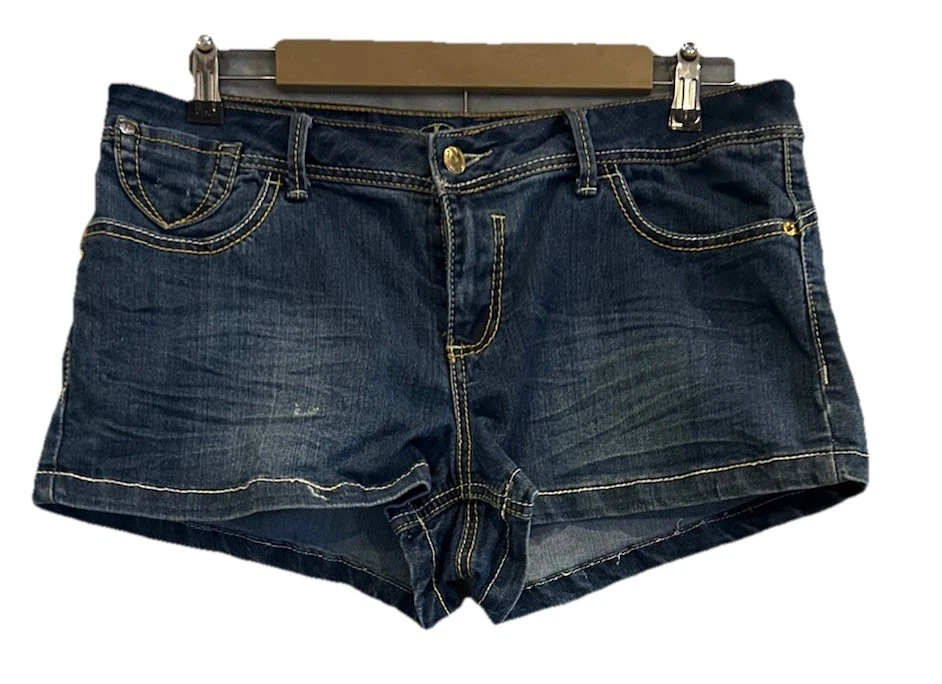 Pantalones Cortos Mujer Dereon 13/14 Azul Denim Dorado Embellecido Bolsillos Logo Y2K Foto 1 de 4