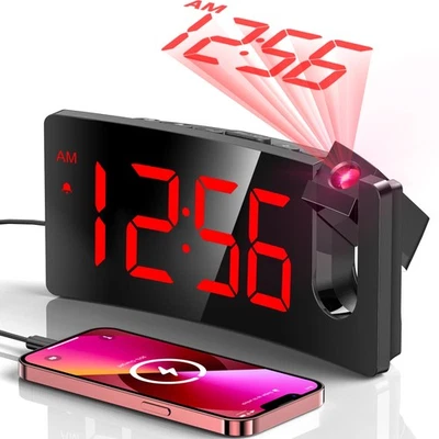 Projection Alarm Clock Digital Clock with Modern Curved Design 180° Rotatable... - Image 1 of 4