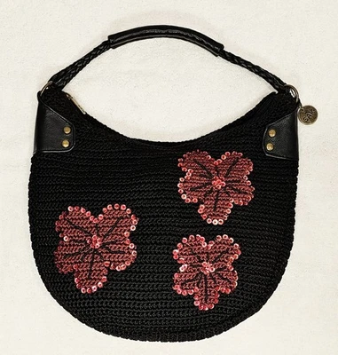 Винтажный Sak черный крючком Hobo сумочки плетеные кожаные ручки красный блестки цветы - Изображение 1 из 4