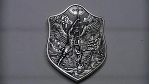 ST MICHAEL SLAYING DEVIL DRAGON 2 OUNCE 999 FINE SILVER ART BAR SILVER STACKER - Picture 1 of 18