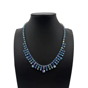 Vintage Blue Aurora Borealis Glass Rhinestone Fringe Collar Necklace 15.5" MCM - Picture 1 of 7