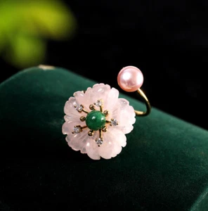 A03 Anello Fiore Di Quarzo Rosa Giada Perla Argento 925 Placcato Oro Regolabile - Foto 1 di 5