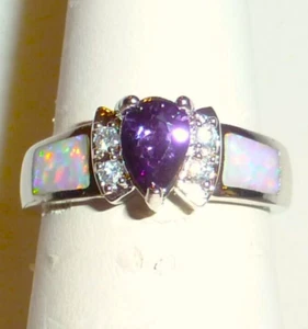 GENUINE PEAR AMETHYST OPAL INLAY WHITE CZS 925 STERLING SILVER RING SIZE 8.25 - Picture 1 of 3