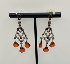 Vintage Drop Dangle Chandelier Earrings Silver Tone Red/Orange Pierced 2”