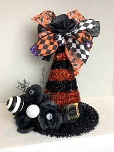 Large Table Top Halloween Black & White Tinsel Witch Hat Decor 15 X 14 Inches - Picture 1 of 4