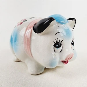 Vintage Ceramic Floral Pig with Hat & Scarf Piggy Bank Blue Pink Japan - Picture 1 of 8