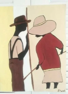 African American Art Old Woman And Man11x14 Poster Oil -Acrylic Brown Yellow - Picture 1 of 2