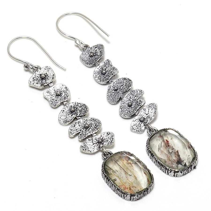 Faceted Golden Rutile Quartz Gemstone Silver Plated Earrings Jewelry 3" - Image 1 of 1