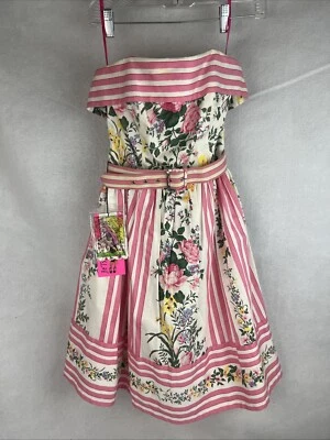 Betsey Johnson Floral Striped Cotton Belted Fit & Flare Dress Size 4 NWT READ - Image 1 of 4