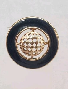 Chunky Round Navy Color Enameled Thick Gold Tone Metal Abstract Pin Brooch - Picture 1 of 9