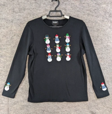 Top Mujer Diseñadores Originales Mediano Pequeño PM Negro Tejido Bordado Muñecos de Nieve Foto 1 de 4