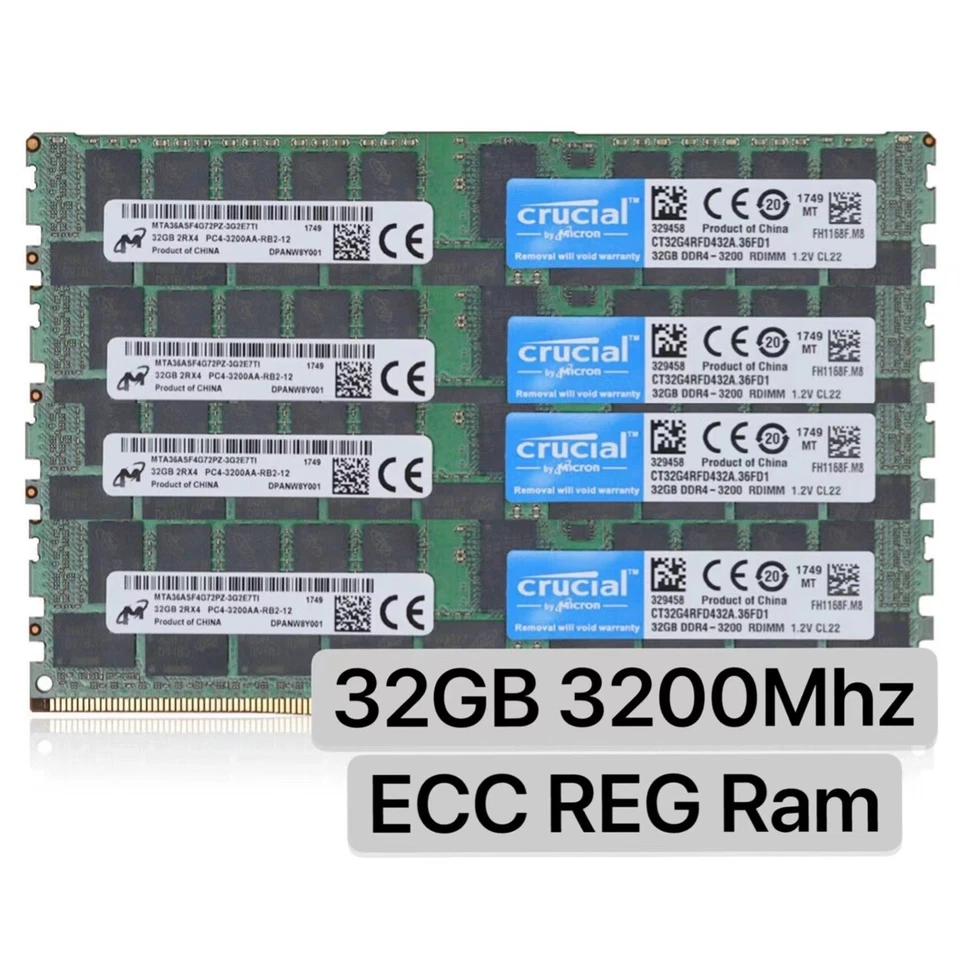 Crucial 128GB 4X32GB DDR4 3200MHz PC4-25600 ECC Registered Memory CT32G4RFD432A - Image 1 of 1