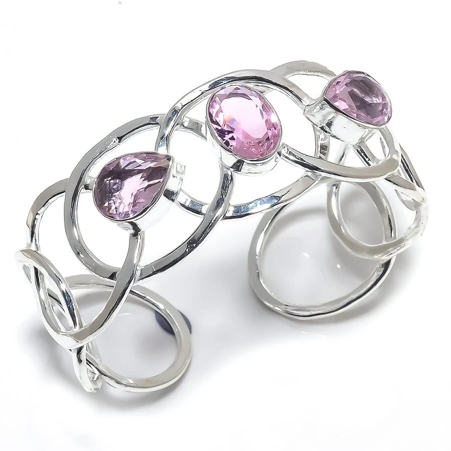 Brazalete brazalete de plata de ley 925 hecho a mano con piedras preciosas de kuncita rosa tamaño 7-8" Foto 1 de 1
