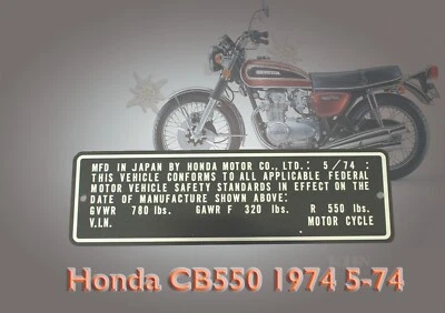 HONDA CB550 1974 MODEL 3-74 HEADTUBE TAG FRAME ID DATA PLATE WITH YOUR # RAISED - Image 1 of 3