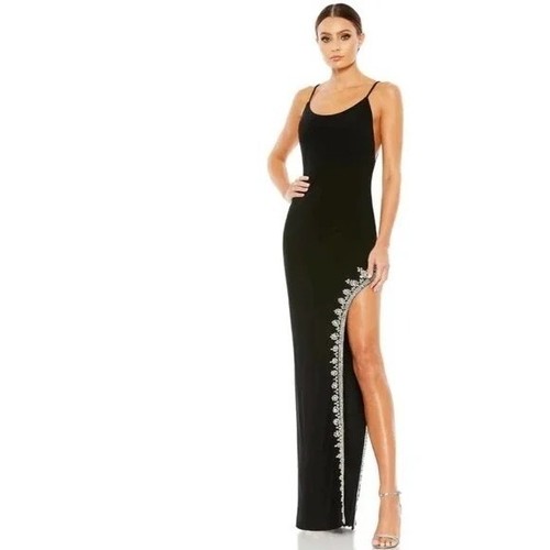 MAC DUGGAL Black Maxi DRESS Size 12 Rhinestone Side Slit Cami Bodycon 42002 New