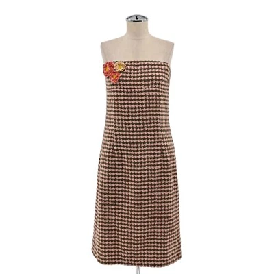 Vestido De Colección RUTH Para Mujer Talla 10 Sin Tirantes Lana Marrón Rosa Detalle Flor Pata de Gallo Foto 1 de 4