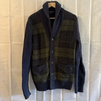 Suéter Banana Republic Para Hombres L Azul Verde Cuadros Chal Cuello Cárdigan Mezcla de Lana * Foto 1 de 4