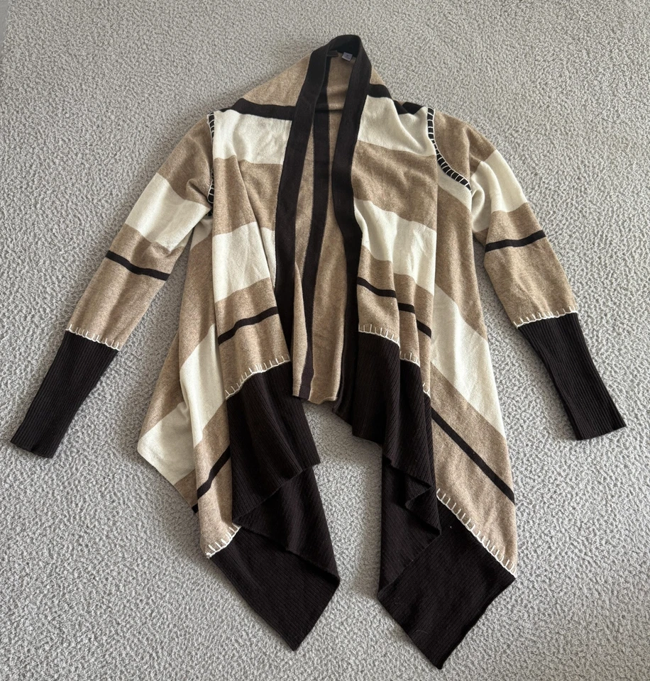 Cullen 毛衣女式中号棕色象牙条纹 100% 羊绒开放式开衫 — 第 1/4 张图片