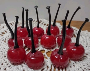 Vintage MCM Murano mundgeblasene Glas Kirschen mit schwarzen Stielen 12er Set sehen echt aus 2 Zoll - Bild 1 von 8