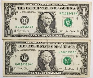 Zwei Vintage Serie 2001 1 Dollar One Dollar Scheine, alte Scheine - Bild 1 von 2