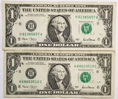 Two Vintage Series 2001 $1 One Dollar Bills, Old Bills - Image 1 of 2
