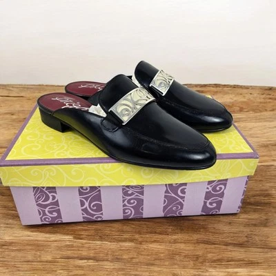Vtg Y2K Brighton ITALY Black Leather Mules Christo Silver Accent 7.5 M $225 NIB - Image 1 of 4