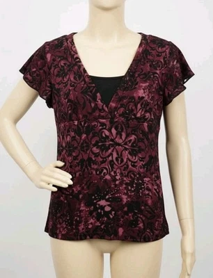 JKLA California Y2K Maroon Black Floral V-Neck Top T-Shirt Size Large - Image 1 of 4