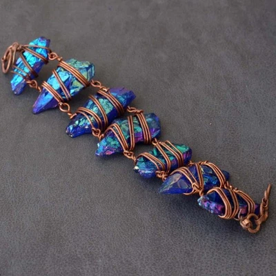 Brazalete racimo de cuarzo púrpura titanio aura envuelto en alambre de cobre 8,5" GW Foto 1 de 3