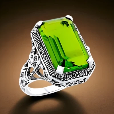 ART NOUVEAU STYLE 925 STERLING SILVER 5.5 CARAT SIMULATED PERIDOT RING     #1134 - Image 1 of 4