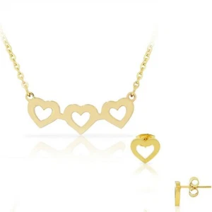 Stainless Steel Yellow Gold Plated Love Heart Chain Necklace Stud Earrings Set - Picture 1 of 4