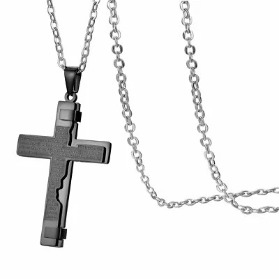 Men's Stainless Steel Christ Cross Bible Text Prayer Pendant Necklace Chain 22" - Image 1 of 2