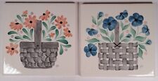 Vintage LRL Hand Painted Basket of Flowers Tiles c1996, 6 x 6, signed, Set of 2