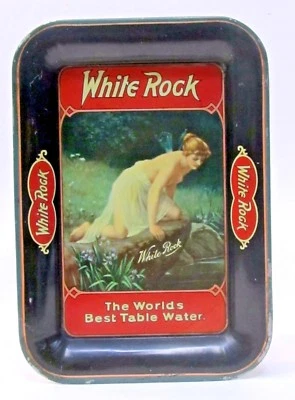 c.1915 ROCA BLANCA Mesa Agua Lata Litografía Punta Bandeja RECTÁNGULO Rojo Sobre Borde Negro Foto 1 de 4