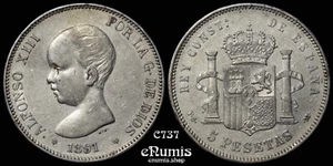 SPAIN, Alfonso XIII, 5 Pesetas 1891 PG-M, XF+ - Picture 1 of 7
