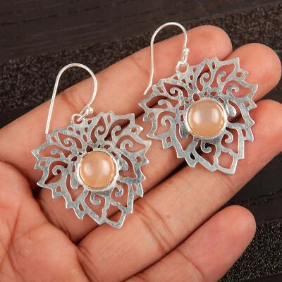 Pendientes de plata esterlina 925 melocotón piedra lunar piedras preciosas oreja alambre joyería para regalo Foto 1 de 4