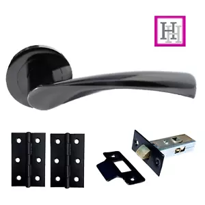 MODERN BLACK NICKEL DOOR HANDLES + Tub Latch 3" Hinges Latch Twist Lever On Rose - Picture 1 of 7
