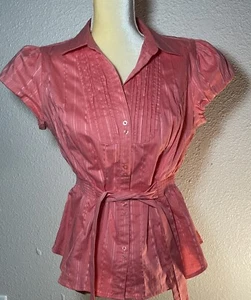 CANDIES Puff Sleeve Button Front Blouse Top Fits Sz M Coral Shapely Tie Waist - Picture 1 of 15
