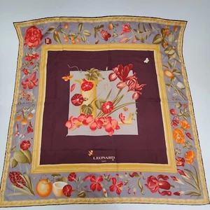 Leonard Silk Square Scarf Floral & Fruit Pattern Purple/Multicolor Made in Italy - Picture 1 of 20