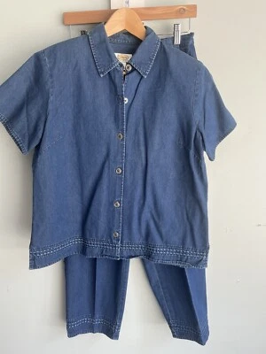 Vtg 2-pc Talbots Petites s/s denim shirt pants emboidered 12 100% cotton - Image 1 of 4