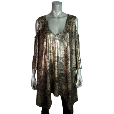 Roaman's Top Sz 26/28 Gold Metallic Cold Shoulder Asymmetric Hem Stretch Tunic - Image 1 of 4