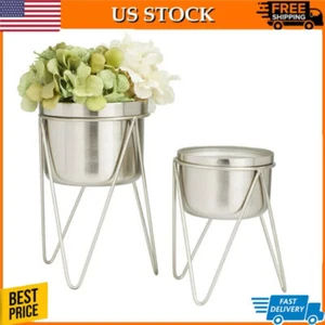 7"W Modern Round Floor Planter W/ Removable Stand Indoor Metal Silver 2 Count US - Picture 1 of 8