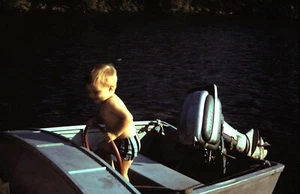 Original Slide, Toddler steering Vintage Boat with 1950's outboard Motor - Picture 1 of 1