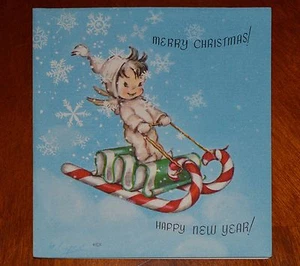 UNUSED Vintage MARJORIE COOPER RUST CRAFT CHRISTMAS CARD ANGEL CANDY CANE SLED - Picture 1 of 4
