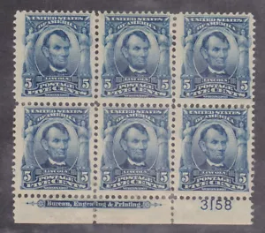 U.S. Sc. #304 Plate Block, Mint, 1903 5-cent Lincoln, Perf. 12, Double Line WMK - Picture 1 of 2